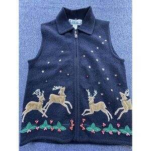 Lisa International Vest Womens Small Black Reindeer Wool Full Zip Beaded Vintage